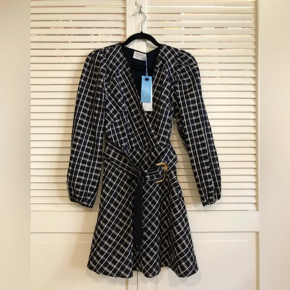 NWT Tanya Taylor Nicola Puff-Sleeve Belted Check Mini Dress - Picture 7 of 10